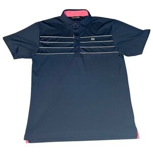 Travis Mathew Highline Mens Navy Blue Pink Striped Golf Polo Shirt Size M